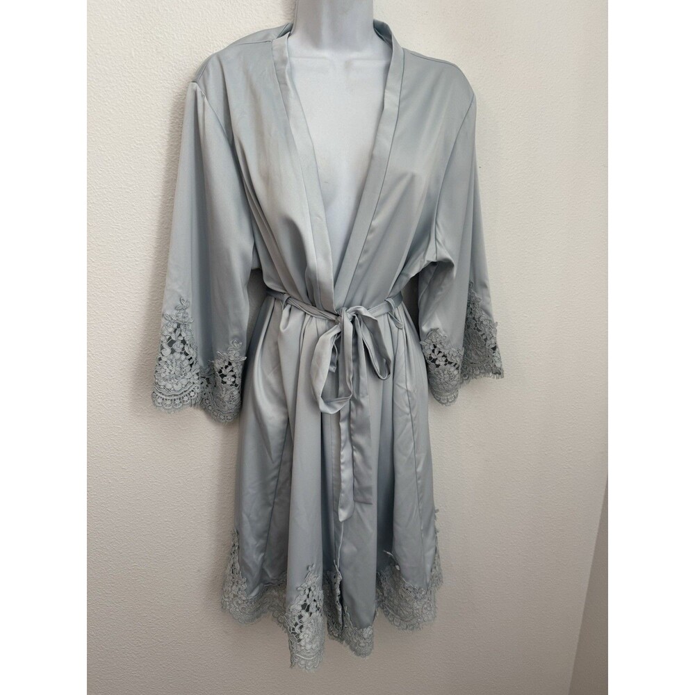 Le Rose Lace Trim Bridal Robe Light Blue Pockets Midi Belted Size M/L   EUC